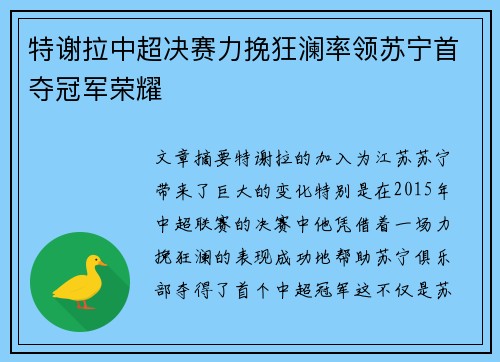 特谢拉中超决赛力挽狂澜率领苏宁首夺冠军荣耀