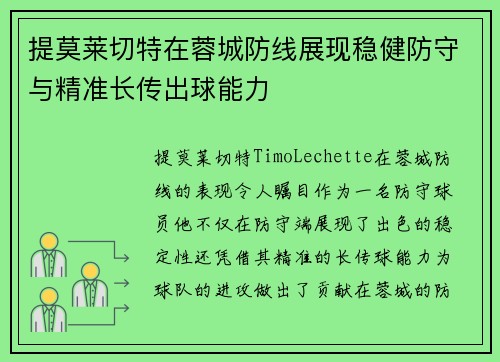 提莫莱切特在蓉城防线展现稳健防守与精准长传出球能力